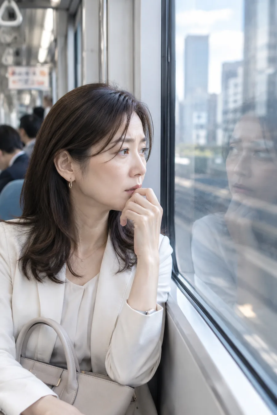 電車の窓に映る自分を見つめる女性