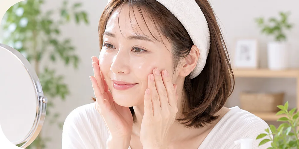 洗い上がりの肌に触れて微笑む女性