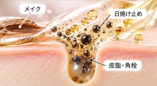 クレンジングがメイク・日焼け止め・皮脂や角栓などの油性汚れを毛穴から浮かせるイメージ