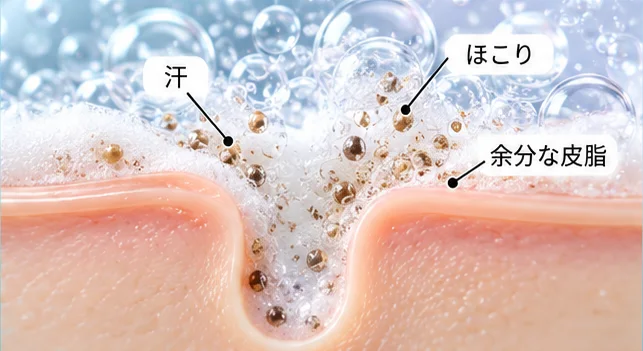 洗顔の泡が汗・ほこり・余分な皮脂などの水性汚れを落とすイメージ